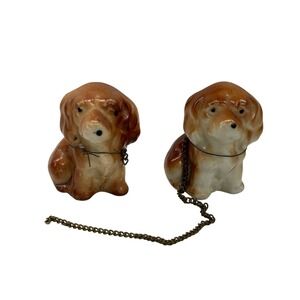 Vintage Ceramic‎ Dog Spaniel Figurine Brown Pair with Chain 1950s
